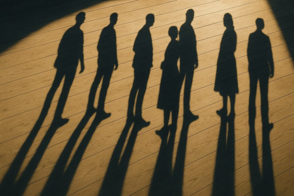 Sept ombres humaines très allongées sur un parquet clair, les personnes hors du cadre