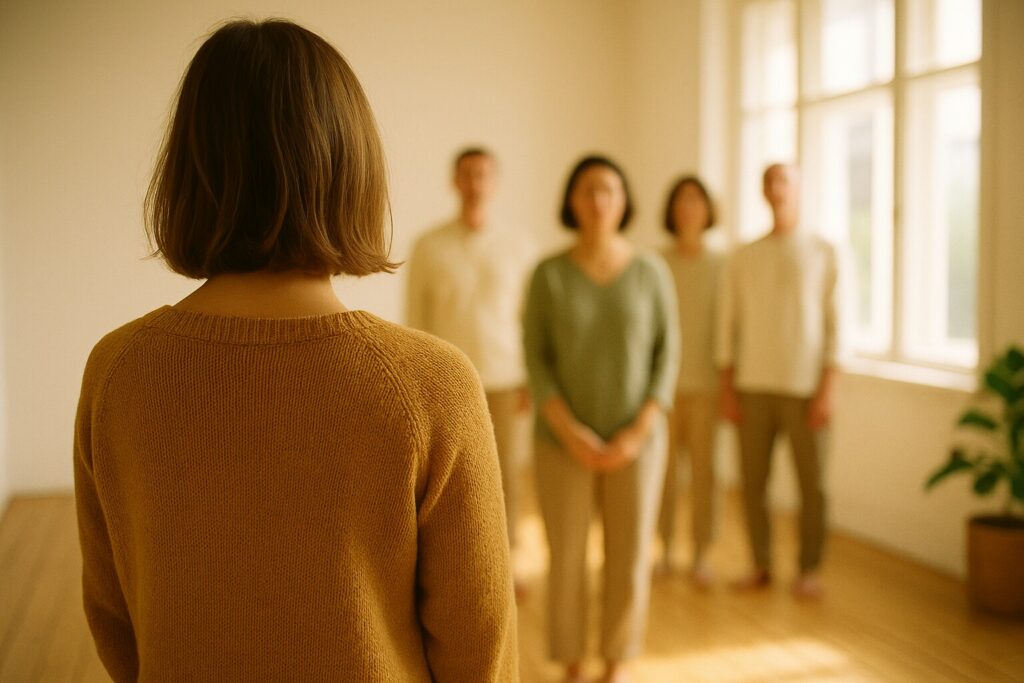 Une femme vue de dos au premier plan, et derrière elle quelques personnes debout, floues