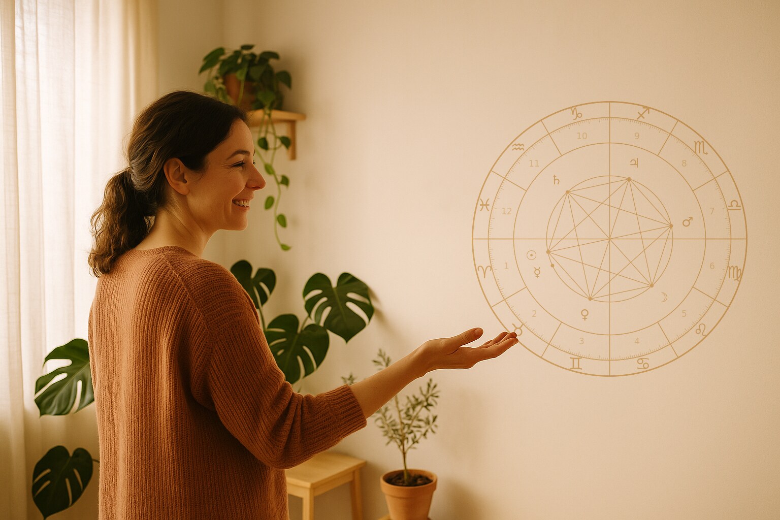 Une femme en pull terracotta, vue de trois quarts dos et souriante, présente de la main une carte du ciel dessinée au trait doré sur le mur clair d’une pièce lumineuse garnie de plantes vertes