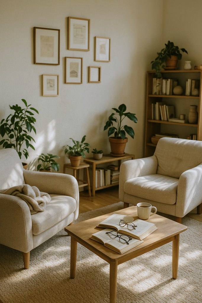 Deux fauteuils en tissu clair tournés l'un vers l'autre, un plaid glissé sur l'un d'eux, une tasse de thé et des livres ouverts sur la table basse, des plantes et une bibliothèque autour