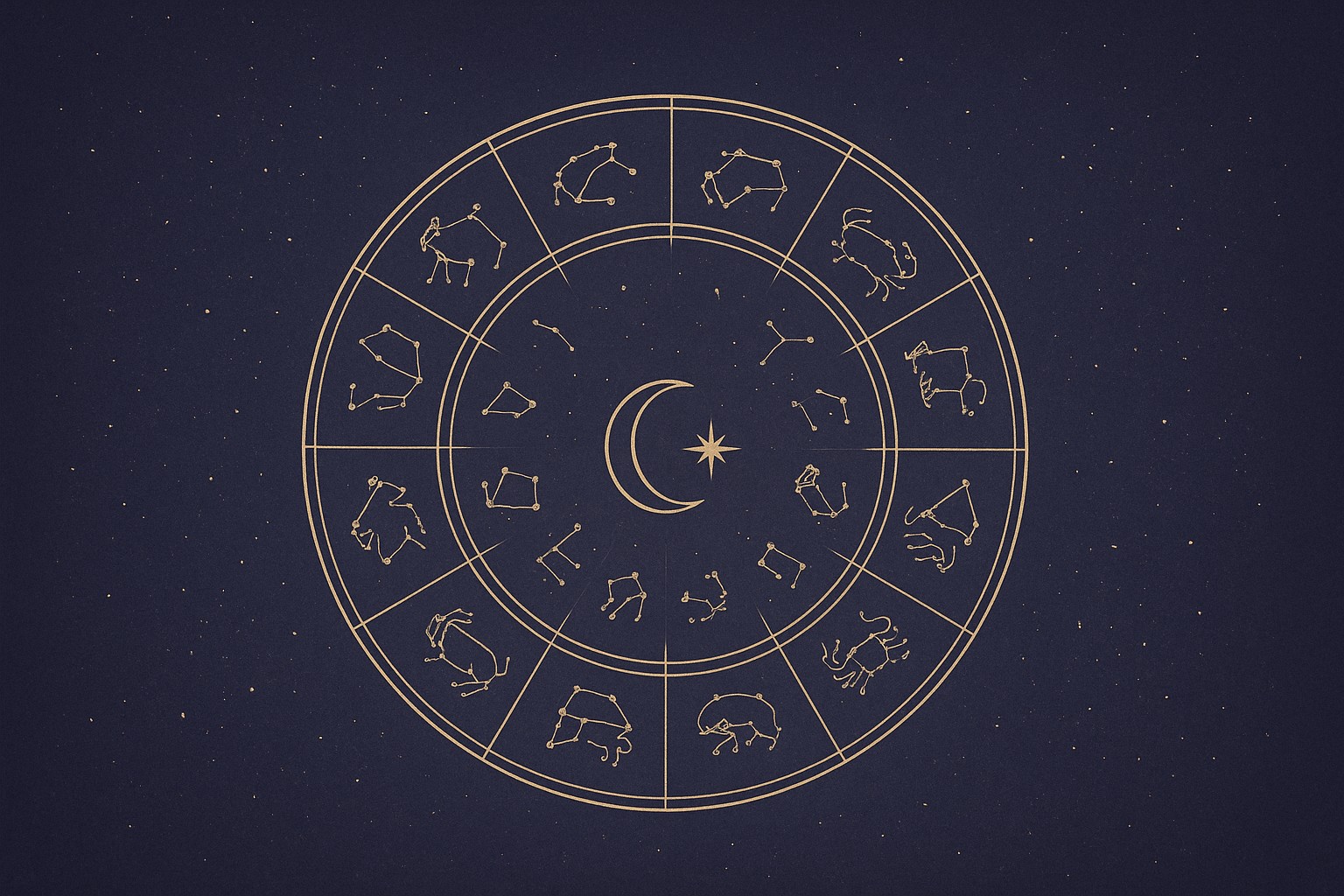 Une roue zodiacale dessinée au trait doré sur un ciel bleu nuit, ses douze secteurs portant chacun une figure de constellation