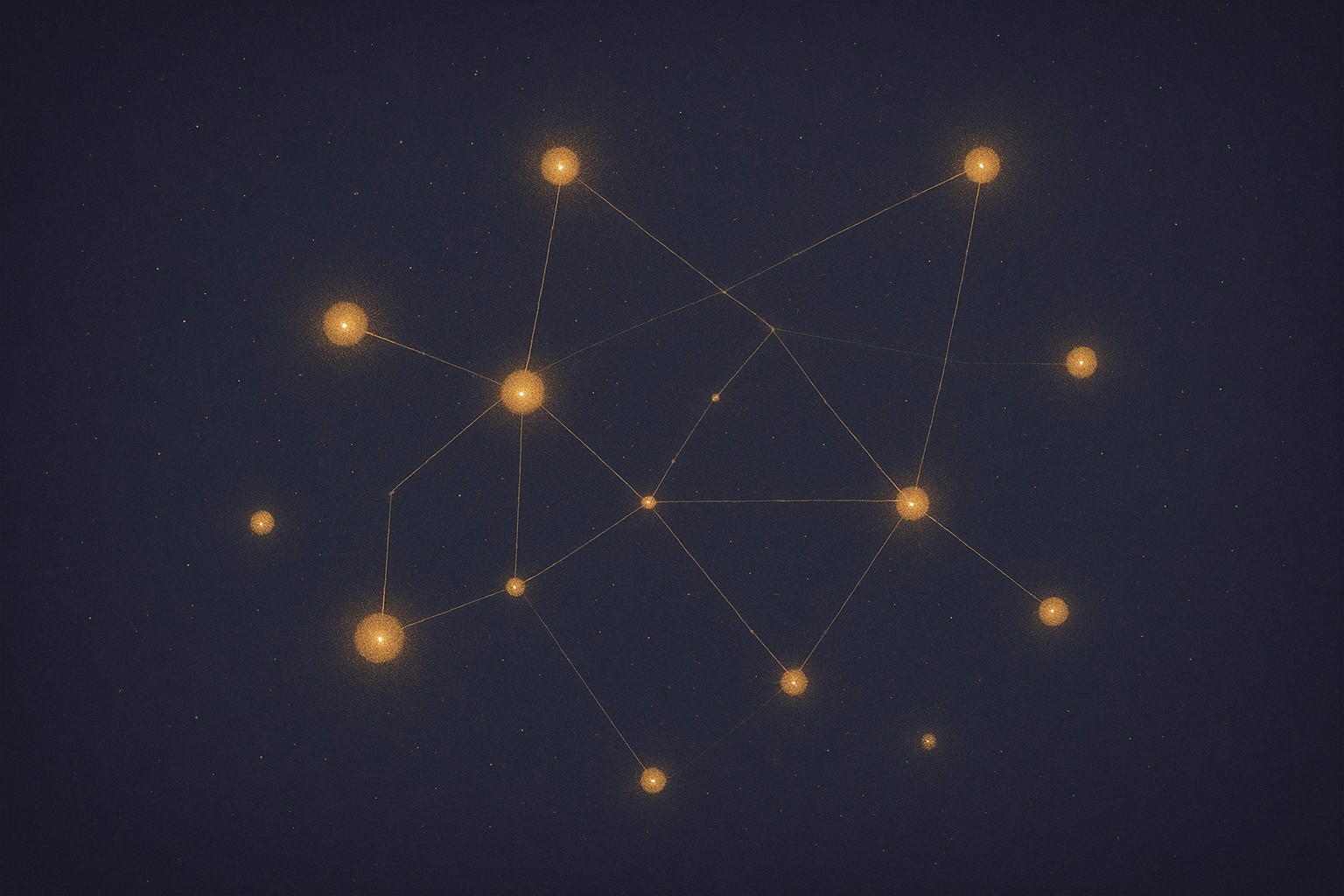 Une douzaine de points dorés de tailles différentes reliés par des lignes fines sur un ciel bleu nuit, quelques-uns restant à l'écart du réseau