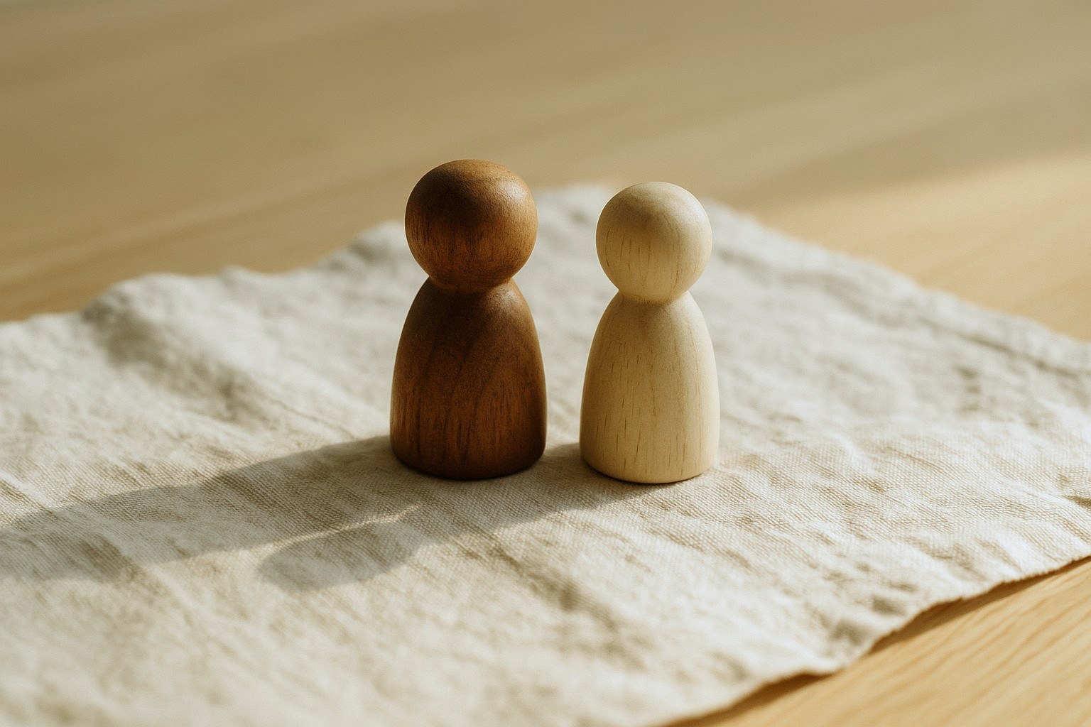 Deux petites figurines en bois tourné, l'une plus foncée que l'autre, posées côte à côte sur une nappe de lin traversée par la lumière