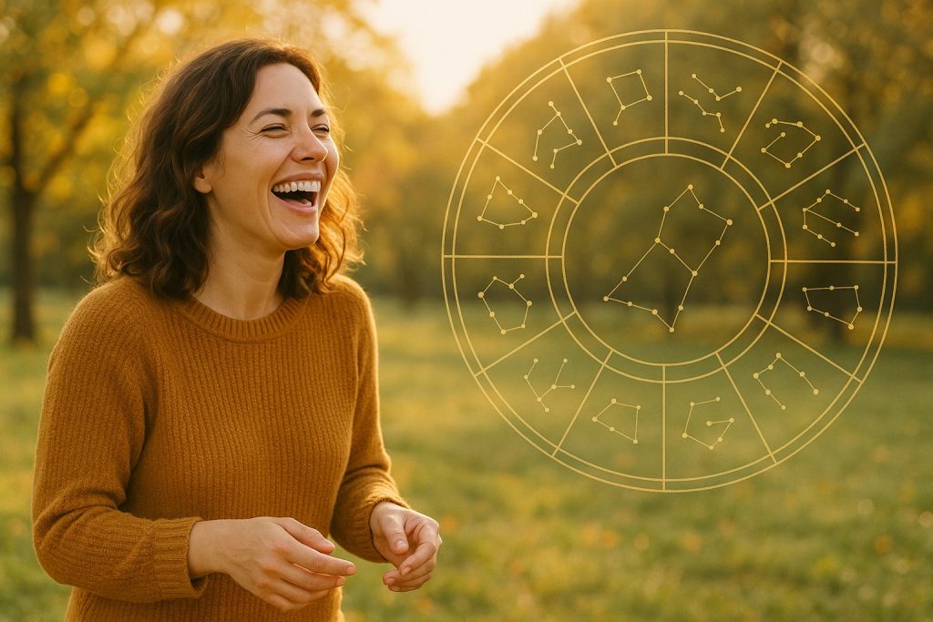 Une femme en pull ocre qui rit franchement dans un parc baigné de lumière dorée, une roue zodiacale dessinée au trait doré superposée en transparence à droite de l'image