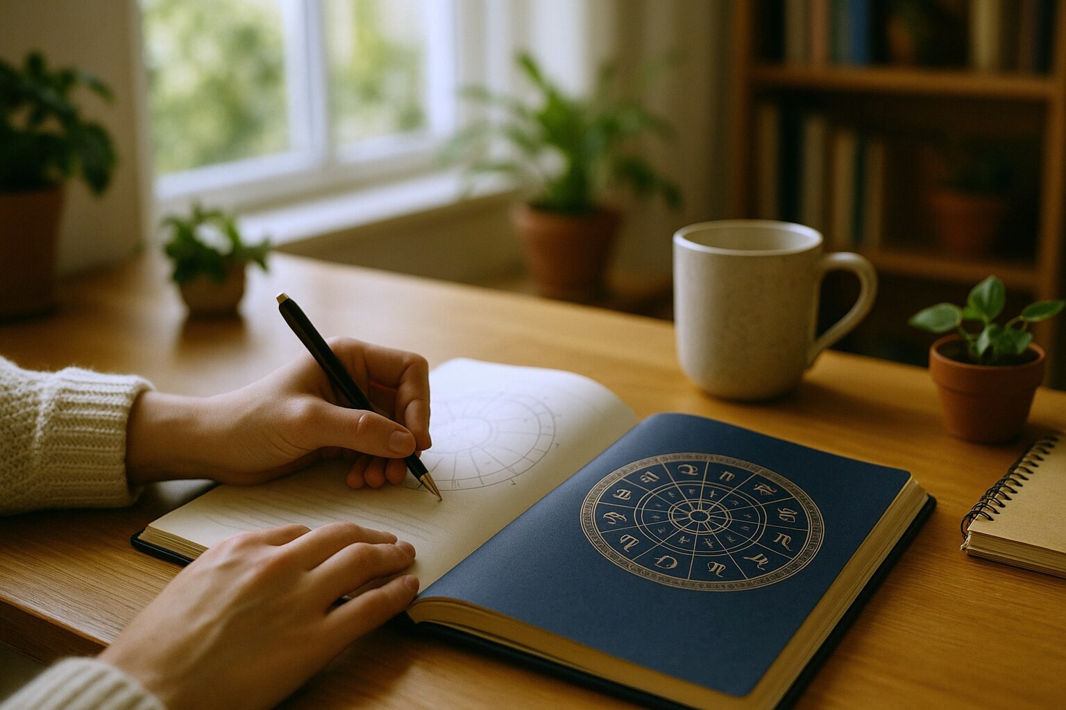 Des mains qui annotent au stylo à côté d’un livre d’astrologie ouvert sur une roue zodiacale dorée, devant une fenêtre lumineuse