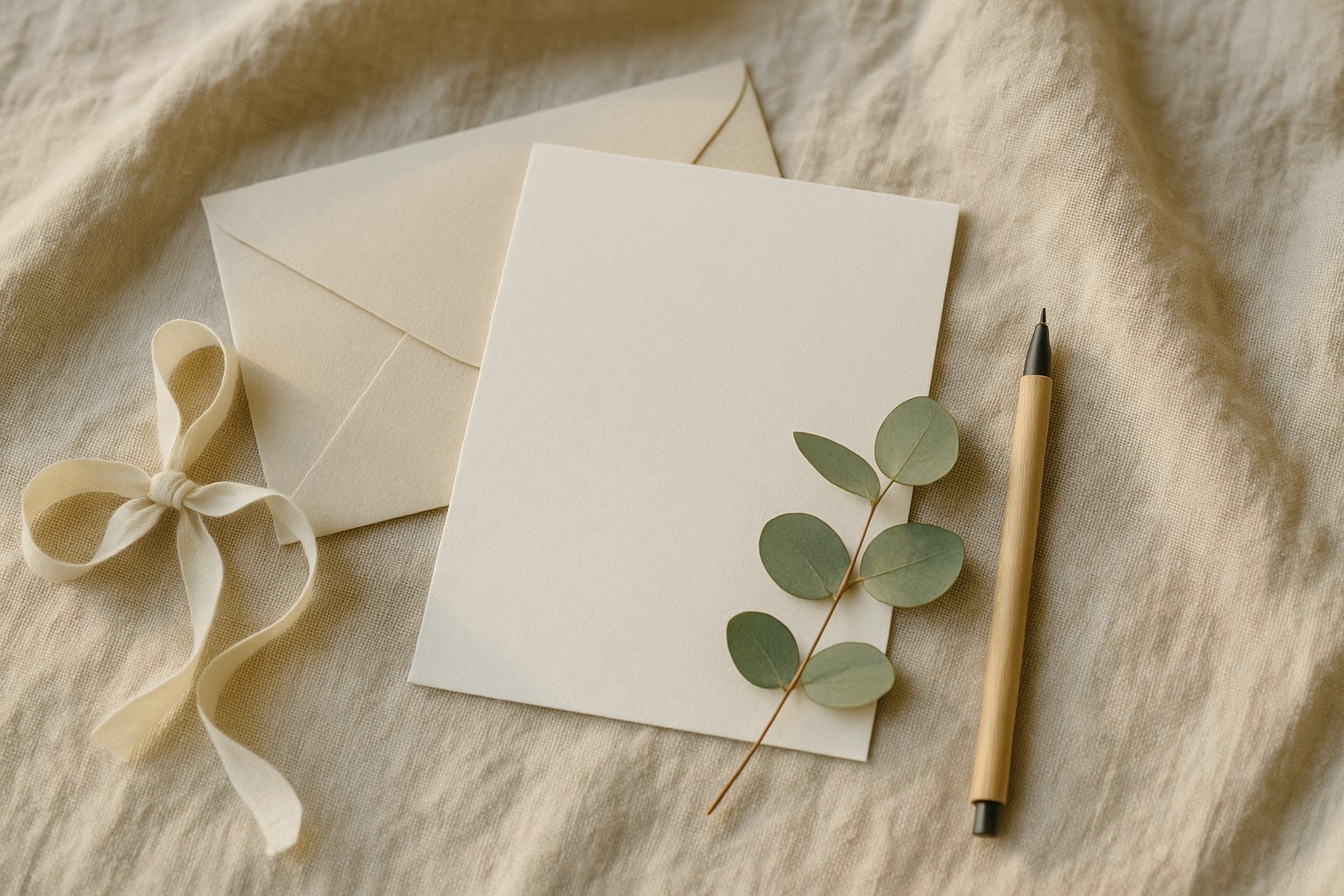 Une carte en papier ivoire posée sur une nappe de lin, à côté de son enveloppe, d'un ruban noué et d'une branche d'eucalyptus