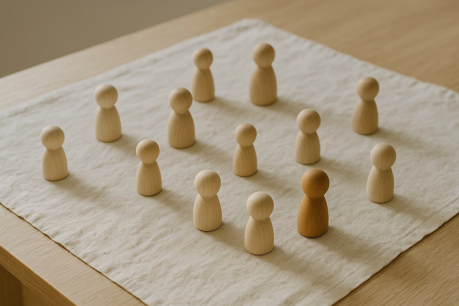 Une dizaine de petites figurines en bois clair posées à distance les unes des autres sur une nappe de lin, l'une d'elles plus foncée que les autres