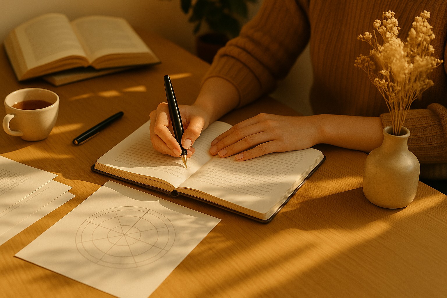 Les mains d’une femme en pull ocre qui écrit dans un carnet, une feuille portant un thème astral tracé au crayon posée à côté, avec une tasse de thé et un bouquet de fleurs séchées
