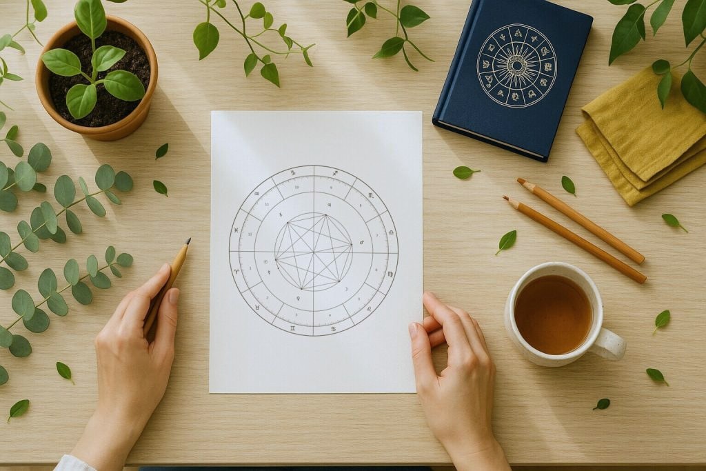Une carte du ciel imprimée posée sur un bureau de bois clair, entourée de verdure, une main tenant un crayon au bord de la feuille