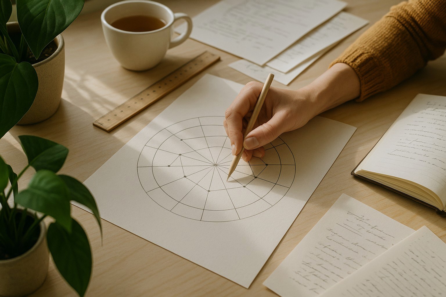 Une main en pull ocre trace au crayon un thème astral sur une grande feuille, entourée de notes manuscrites, d'une tasse de thé et de plantes vertes