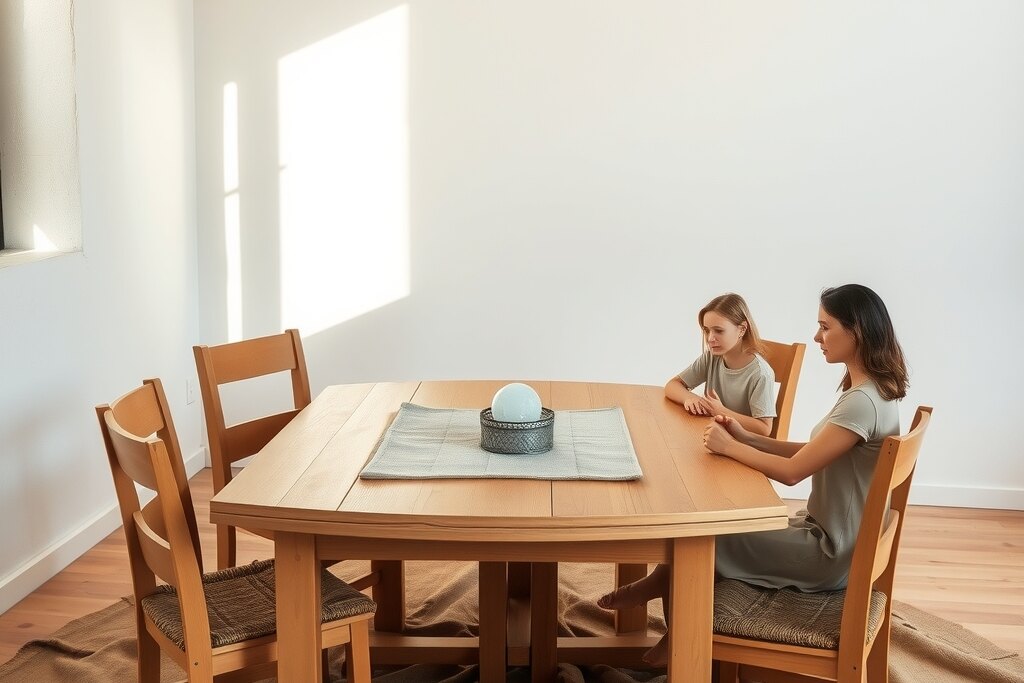 Une table en bois clair, légèrement éraflée, avec quatre chaises disposées en cercle. Au centre, une petite boîte en métal posée sur un tissu usé. La lumière tombe d’une fenêtre à gauche, dessinant des ombres nettes sur les murs blancs.